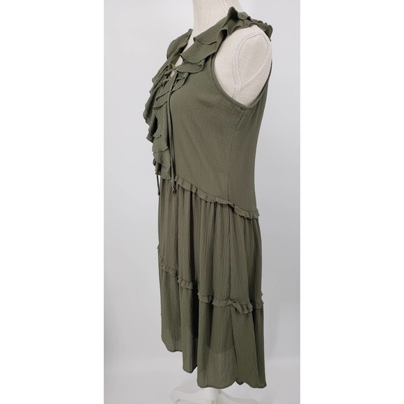 3/$25 Cupio High Low Dress S Ruffle Trim Lace Up V Neck A Line Green NWT - Picture 4 of 13